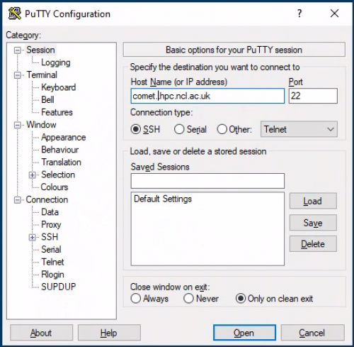 Configuring PuTTY to connect to Comet