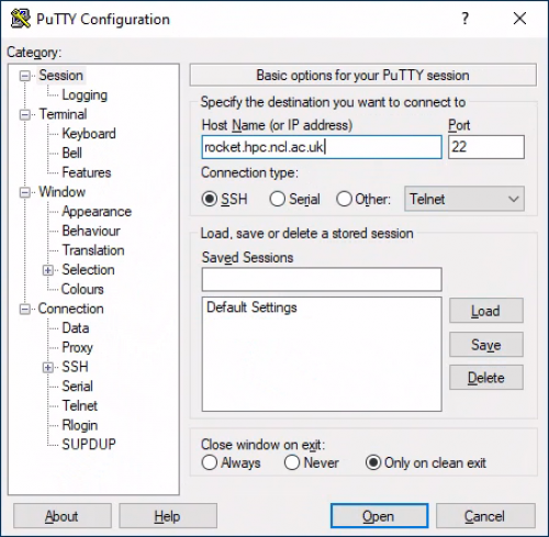 Configuring PuTTY to connect to Rocket